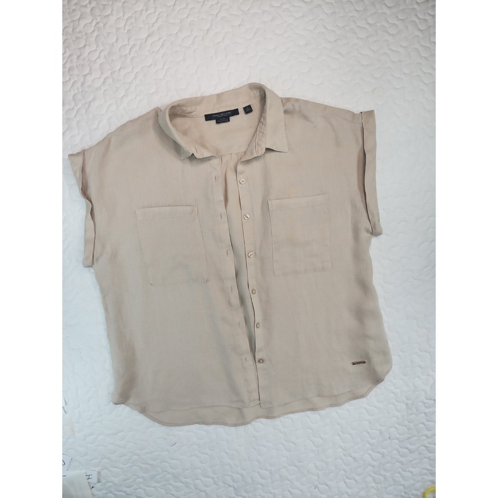 100% Linen Shirt Beige Neutral Womens Boxy Camp Button Up Top Large bust to 42